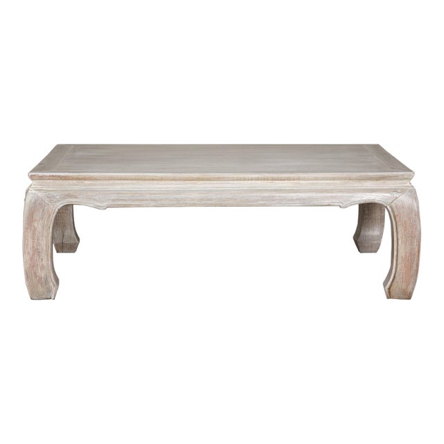 Teak Ming Style Whitewash Coffee Table with Chow Legs and Carved Apron For Sale