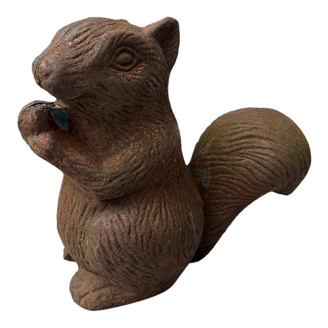 Vintage Rusty Cast Iron Squirrel Eating an Acorn Statue For Sale