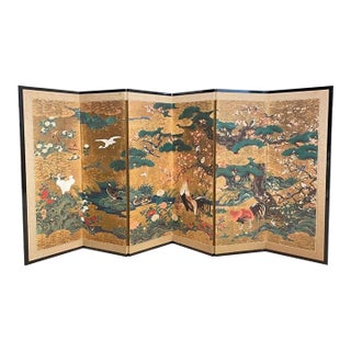 19th Century Japanese Screen Byobu Folding Rooster 6-Panel Spring Summer Hold Raku Kano, Framed For Sale