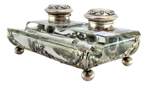 Embossed Silver and Glass Inkwell with Ball-Shaped Feet