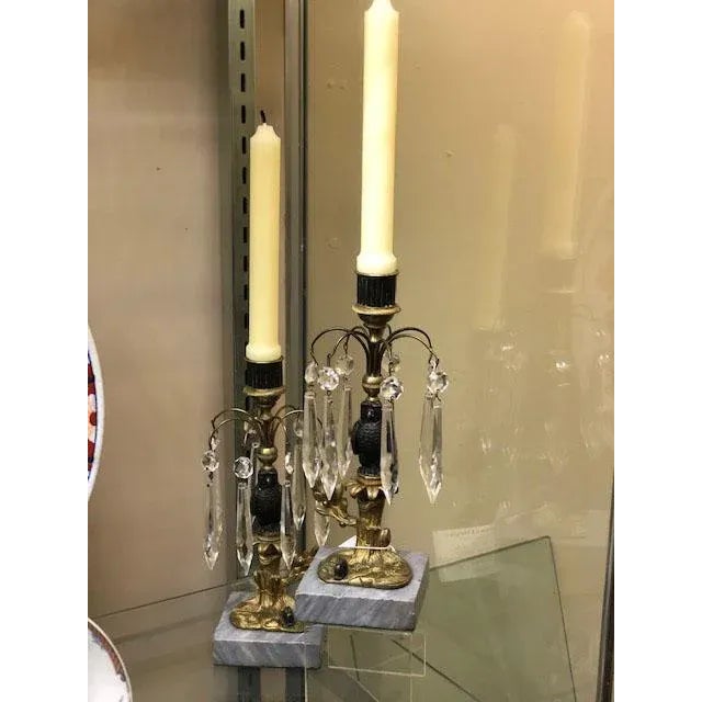19th Century French bronze candle holders with a hawk surrounded by crystal drops and a rabbit on the bottom. On marble...