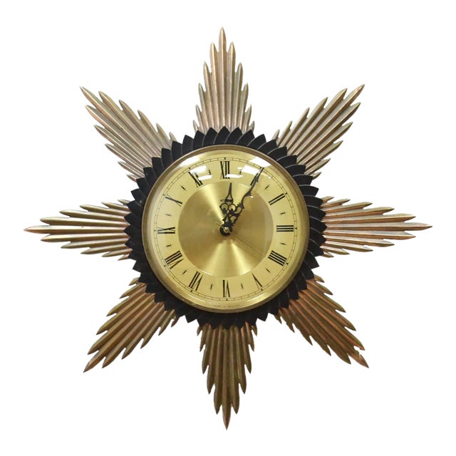 1960s Mid Century Brass Sunburst Clock by Metamec For Sale