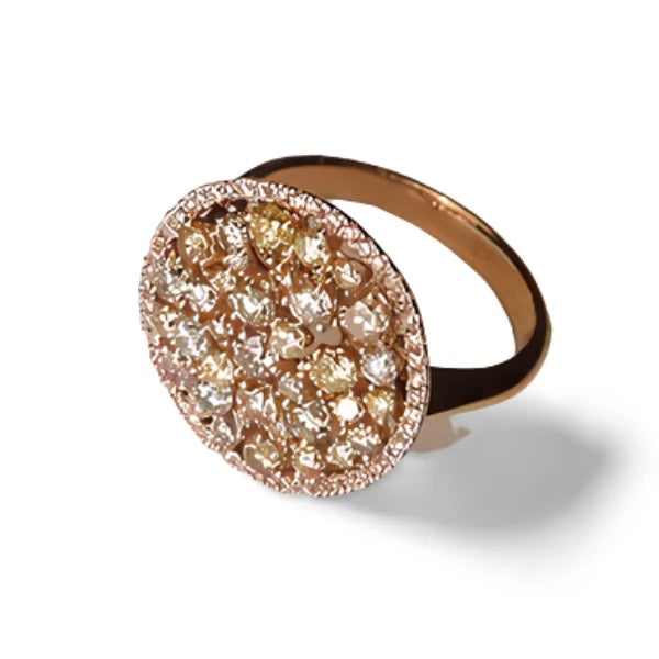 This 18K Rose Gold Fancy Color Diamond Ring is a dazzling masterpiece designed to captivate. The top of the ring features...
