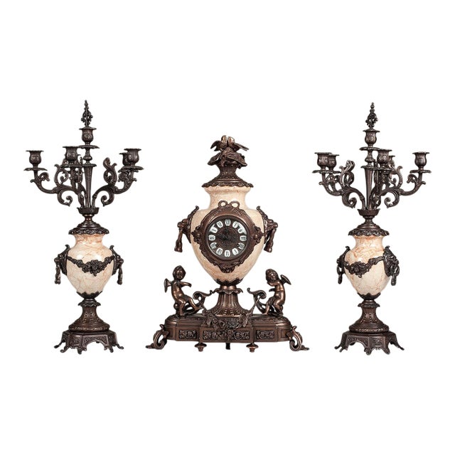 Classical Italian Mantel Clock and Candelabra Set For Sale