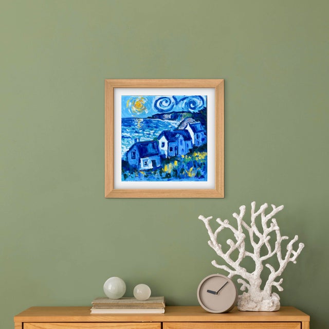 Textile "Sunlight Over the Coastal Cottages" Impressionist Oil Painting For Sale - Image 7 of 9