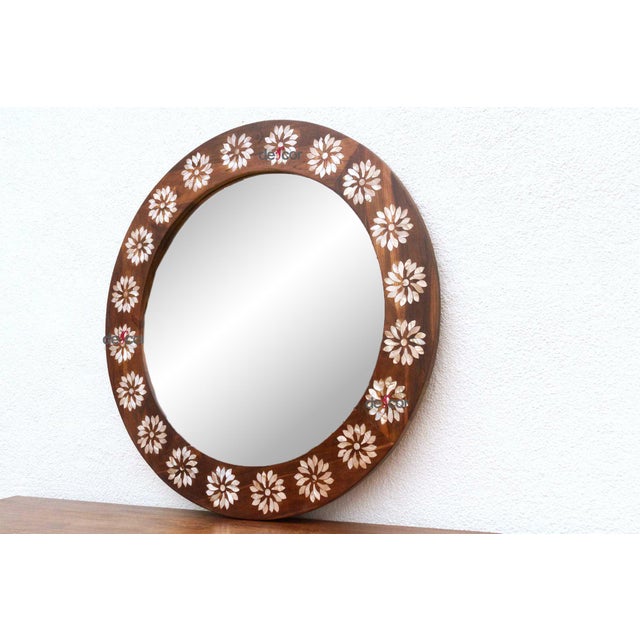 1990s Precious Floral Mother of Pearl Inlay Round Mirror For Sale - Image 5 of 8