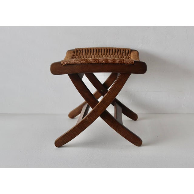 Wood Mid-Century Danish Modern Hans Wegner Style Wood Rope Cord Folding Stool Ottoman For Sale - Image 7 of 18