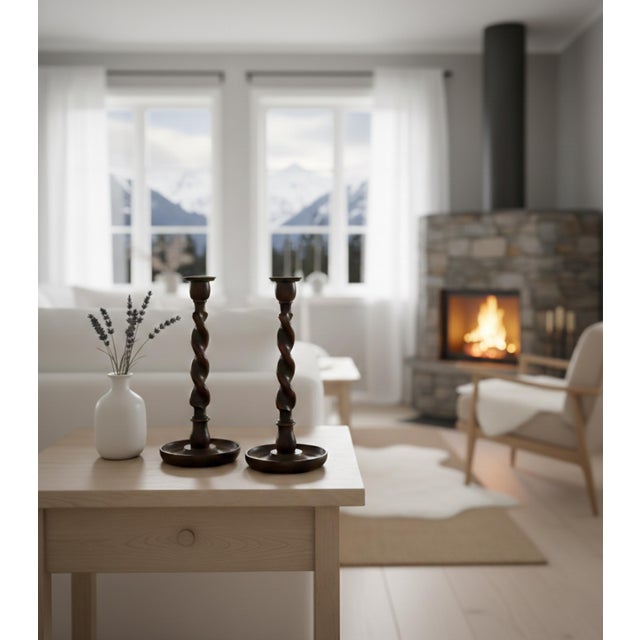 A fine large pair of English barley twist oak candle holders with brass cups, circa 1900. This gorgeous pair have hand...