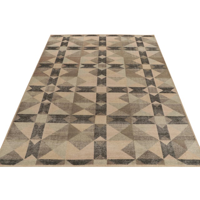 Modern Distressed Style Deco Rug in Beige-Brown, Black Geometric Pattern by Rug & Kilim For Sale - Image 3 of 6