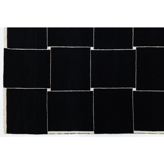 Modern Minimalist Black & Ivory Geometric Grid Wool Area Rug 10x14 For Sale - Image 4 of 12