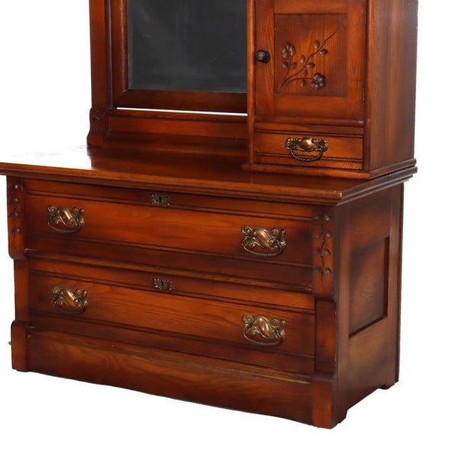 Antique Spoon Carved Oak Low Dresser With Dressing Mirror & Hat Box C1900 For Sale - Image 4 of 14