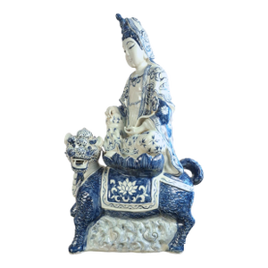Chinese Blue and White Porcelain Seated Kuan Yin on a Qilin