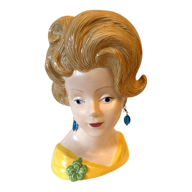 1970's Vintage Mid Century Ceramic Lady Head Vase With Dangle Earrings For Sale