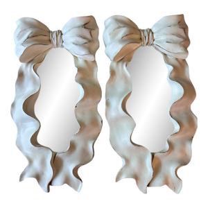 1980s Pair of Italian Hollywood Regency Gesso Ribbon Bow Scalloped Mirrors in Distressed Cream, Shabby Chic Vanity Mirrors