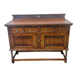 1900s Antique Oak Sideboard Solid Oak Jacobean Spanish Revival Barley Twist Legs