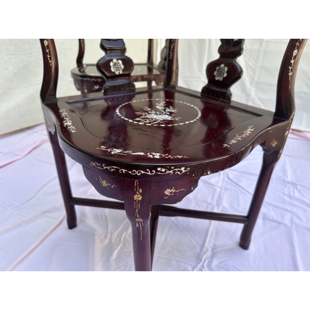 Mid 20th Century Vintage Chinese Carved Hardwood Corner Lounge Chair With Mother of Pearl Inlay For Sale - Image 5 of 6