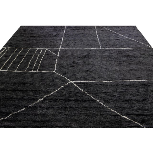 Modern Moroccan Style Handmade Black Abstract Wool Rug by Apadana For Sale - Image 9 of 11