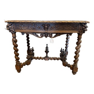 Antique Carved Oak Table With Barley Twist Legs For Sale
