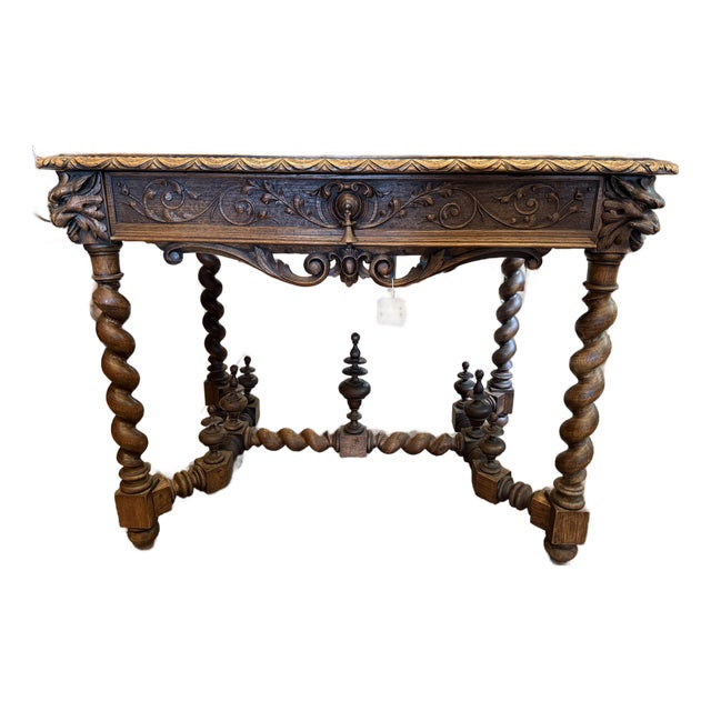 Antique Carved Oak Table With Barley Twist Legs For Sale