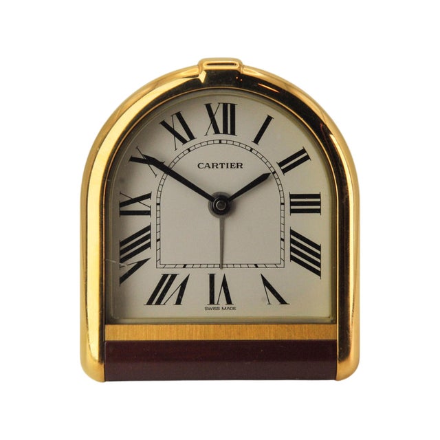Metal 18CT Gold Plated Cased Romane Pendulette Quartz Alarm Clock by Cartier, Paris, 1980s For Sale - Image 7 of 13
