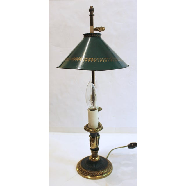 Mid-20th century bronze swan motif bouillotte lamp. Neoclassical style. Double light. Green paint & gilt bronze. Green...