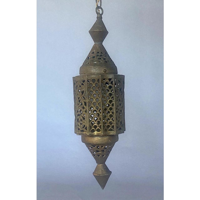 1920s Moroccan Chandelier Ceiling Flush Mount Brass Hanging Light, Art Deco Motifs For Sale - Image 4 of 5