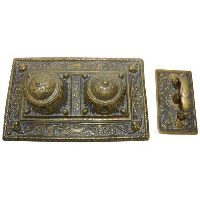 Victorian Bronze English Inkwell Set With Rocking Blotter For Sale