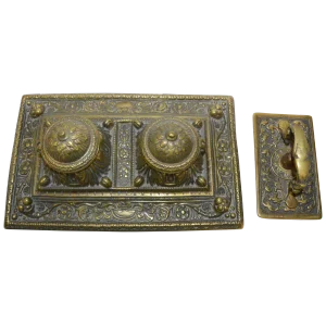 Victorian Bronze English Inkwell Set With Rocking Blotter