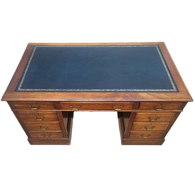 Brown Vintage American Regency Style Tooled Leather Top Writing Executive Desk For Sale - Image 8 of 15