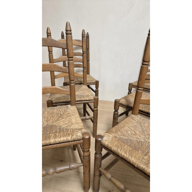 Vintage Wooden Ladder-Back Dining Chairs with Woven Seats, 1940s, Set of 6 For Sale - Image 10 of 11