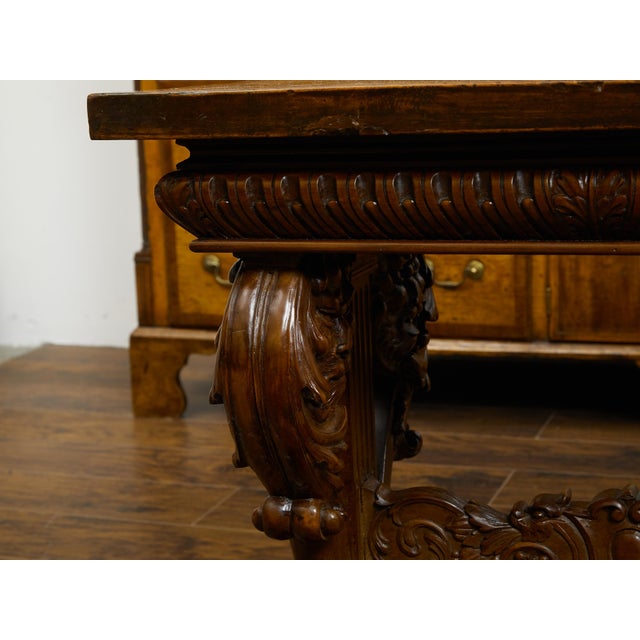 Wood Italian 1800s Walnut Side Table with Lion Motifs and Richly Carved Trestle Base For Sale - Image 7 of 11