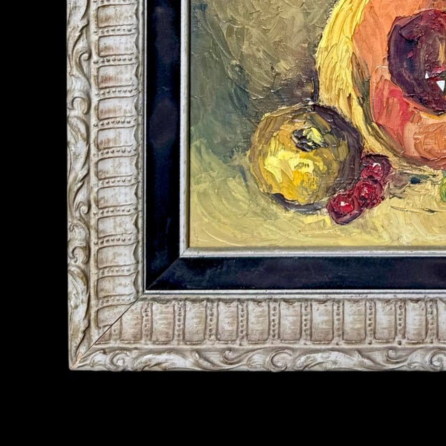 Expressionism Still Life Oil Painting – Bold Colors, Original Wood Frame Vintage For Sale - Image 3 of 7