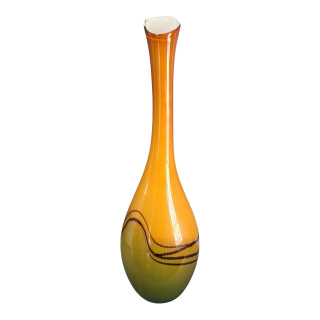 Mid-Century Modern Tall Cased Art Glass Olive Green & Tan Long Neck Vase For Sale