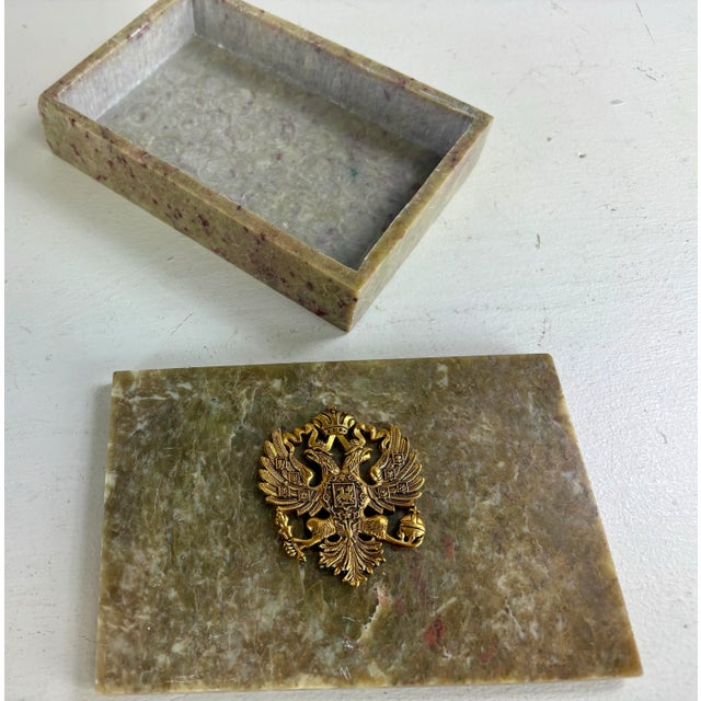 This is a mid-century vintage Italian alabaster trinket box. This handcrafted box has a double eagle bronze coat of arms...