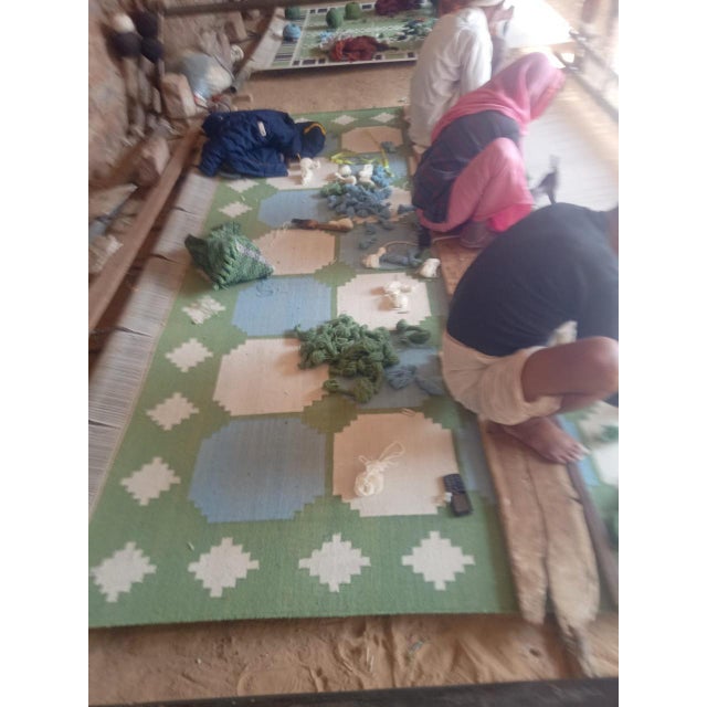 Handmade Woolen Rug, Sky Blue With Cream and Moss Green Border Tile Dhurrie - 8'x10' For Sale - Image 11 of 11