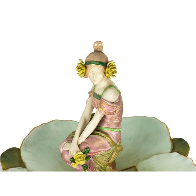 Chartreuse Ernst Wahliss, Art Nouveau Sculpture of Figural Tray with Maiden & Lily Pads, 1890s-1910s, Porcelain For Sale - Image 8 of 11