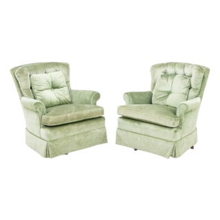 Green Velvet Button-Tufted Swivel Armchairs, Pair For Sale