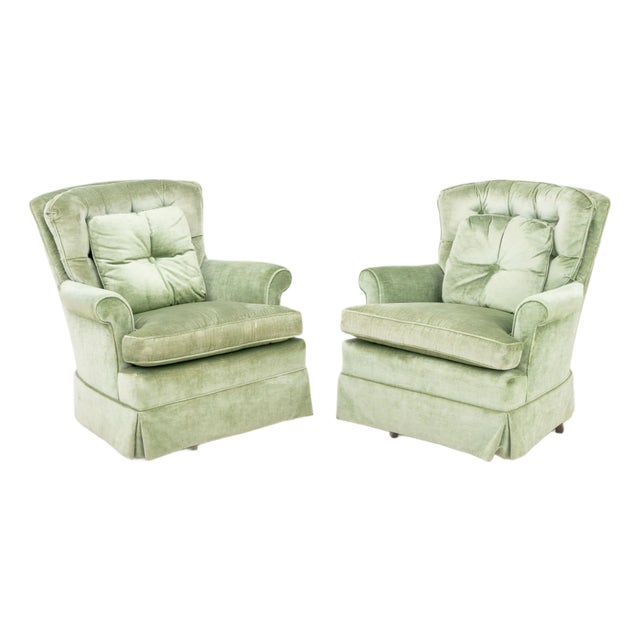 Green Velvet Button-Tufted Swivel Armchairs, Pair For Sale
