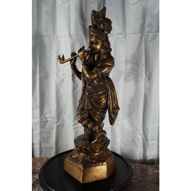 Mid 20th Century Large Vintage Bronze Krishna Playing Flute Sculpture | Intricately Detailed Indian Hindu Art Statue For Sale - Image 5 of 7