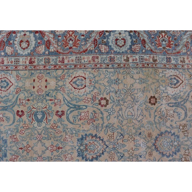 Textile Antique Persian Khorassan Rug With Floral Design in Honey Cream & Dusty Blue 9 X 12'5 For Sale - Image 7 of 15