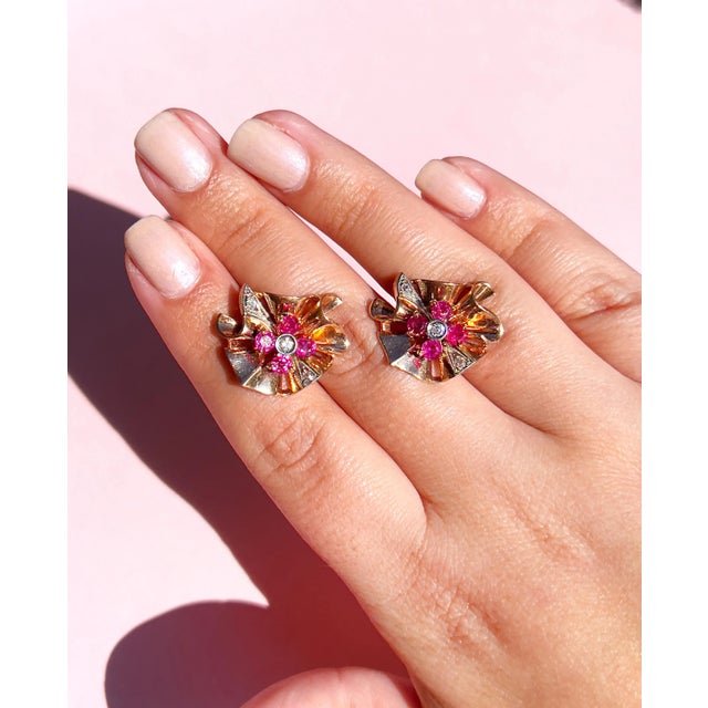 Retro Old European Cut Diamond and Ruby Screw Back Earrings, 14k For Sale In Los Angeles - Image 6 of 10