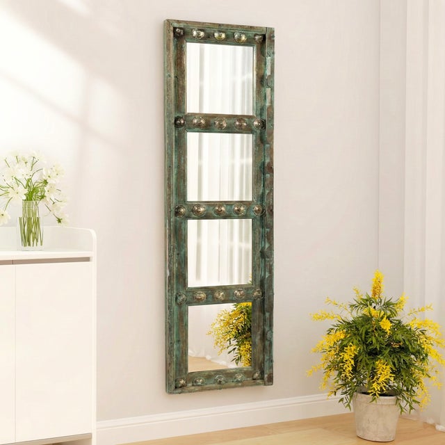 1930s 1930s Antique Door Panel With Brass Pins Accents and Mirror Wall Hanging For Sale - Image 5 of 5