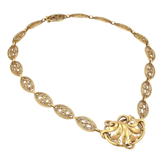 Seed Pearls Floral 18k Yellow Gold Fancy Link Pendant Necklace For Sale