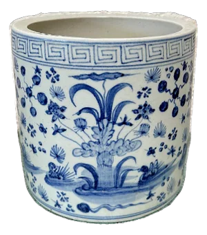 Contemporary Chinoiserie Blue and White Planter With Flowers
