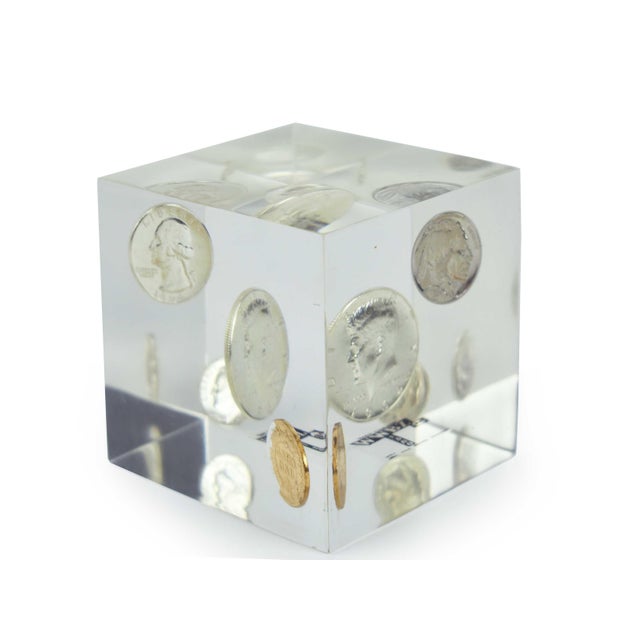 Late 20th Century Coin Cube Lucite Acrylic Paperweight For Sale - Image 10 of 12