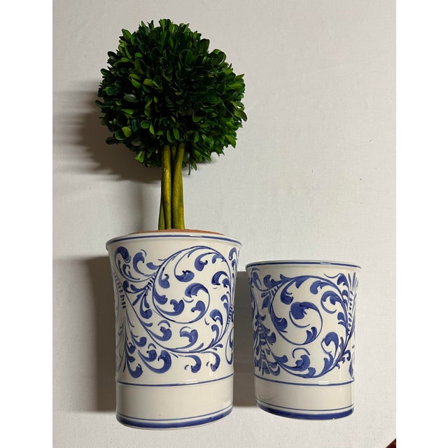 Mediterranean Blue and White Cachepots With Floral Scroll Design, Hand Painted in Italy- Set of 2 For Sale - Image 3 of 10