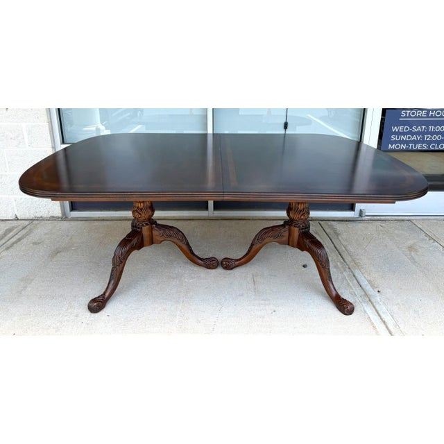 Wood Drexel Heritage Banded Mahogany Double Pedestal Dining Table With Two Leaves For Sale - Image 7 of 17