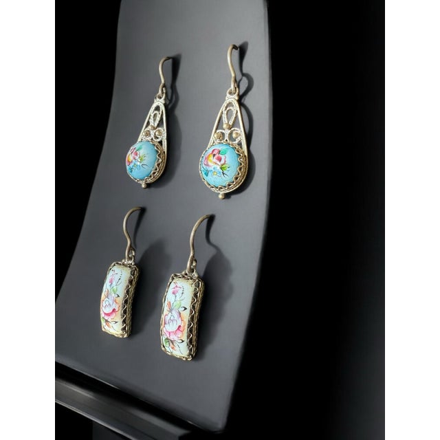 Late 20th Century Vintage Hand Painted European Folk Art Filigree Drop Earrings, A Pair For Sale - Image 4 of 5