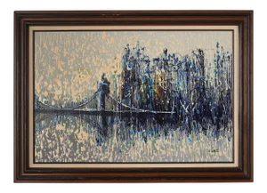 Mid 20th Century Brutalist Drip Style Cityscape Painting, Framed