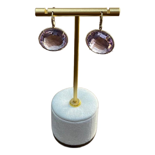 Violet Pink Amethyst Diamonds Halo Set 14k Yellow Gold Drop Unique Earrings, A Pair For Sale